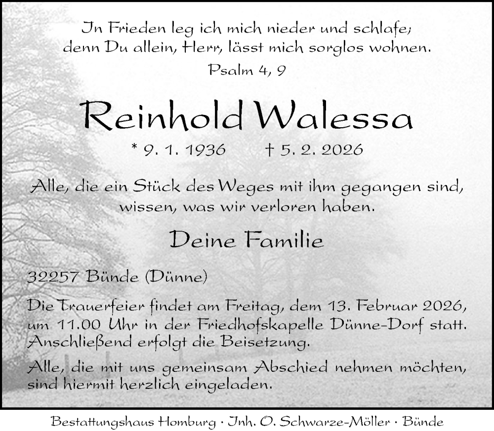  Traueranzeige für Reinhold Walessa vom 07.02.2026 aus Neue Westfälische und Westfalen-Blatt