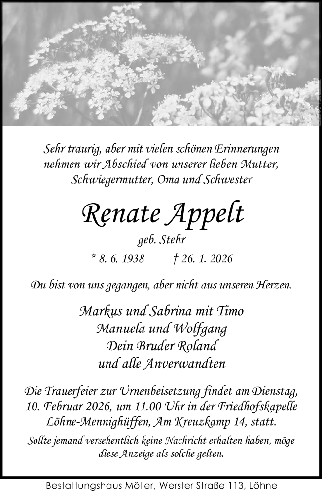  Traueranzeige für Renate Appelt vom 04.02.2026 aus Neue Westfälische und Westfalen-Blatt
