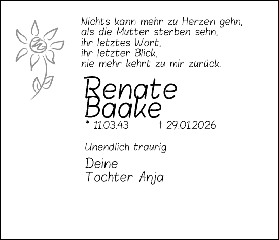 Traueranzeige von Renate Baake von Neue Westfälische und Westfalen-Blatt