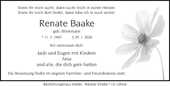 Traueranzeige von Renate Baake von Neue Westfälische und Westfalen-Blatt
