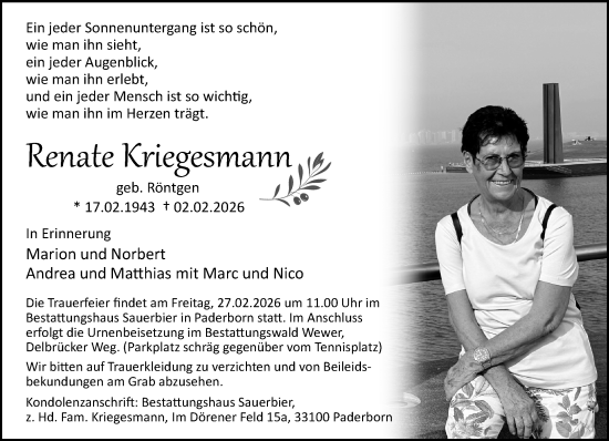 Traueranzeige von Renate Kriegesmann von Neue Westfälische und Westfalen-Blatt