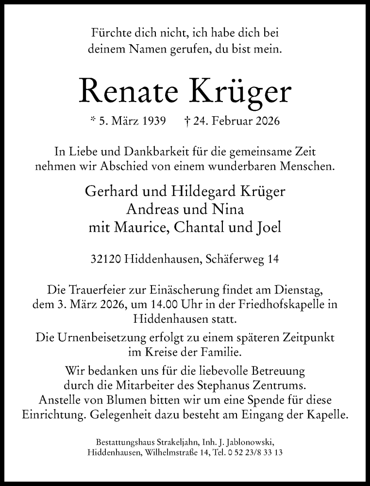  Traueranzeige für Renate Krüger vom 28.02.2026 aus Neue Westfälische und Westfalen-Blatt