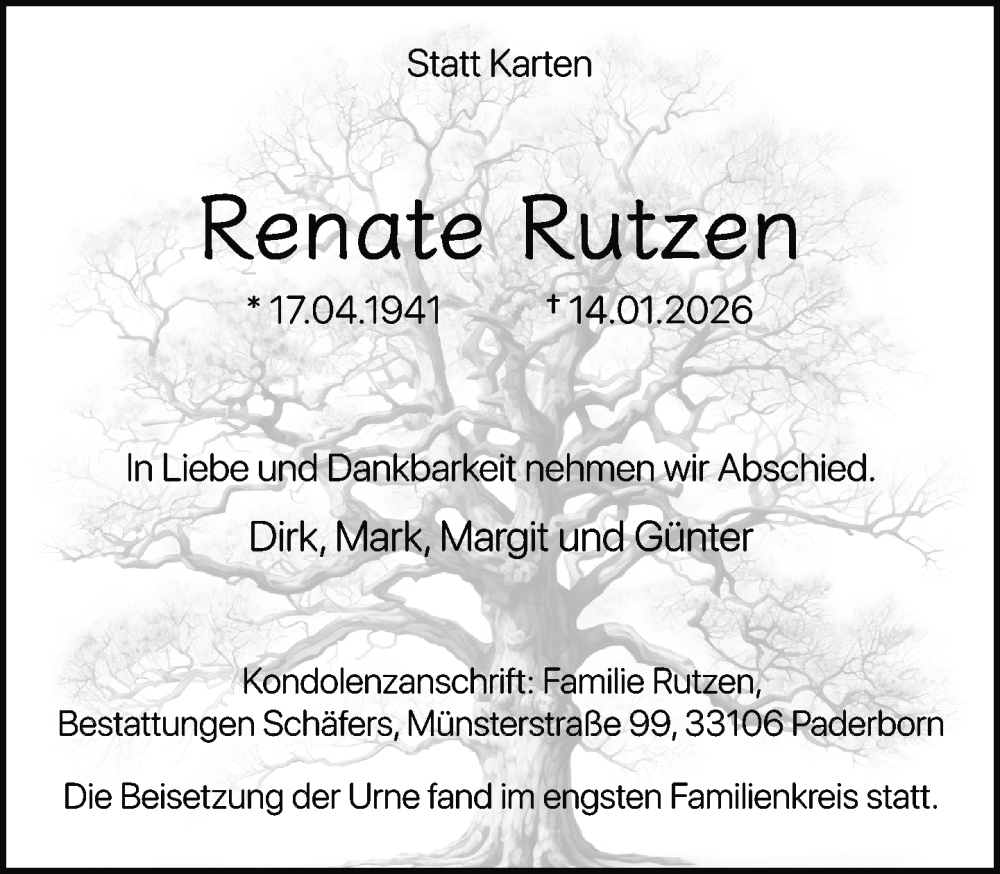  Traueranzeige für Renate Rutzen vom 07.02.2026 aus Neue Westfälische und Westfalen-Blatt