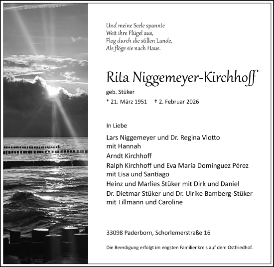 Traueranzeige von Rita Niggemeyer-Kirchhoff von Neue Westfälische und Westfalen-Blatt