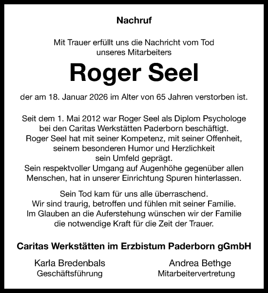Traueranzeige von Roger Seel von Neue Westfälische und Westfalen-Blatt