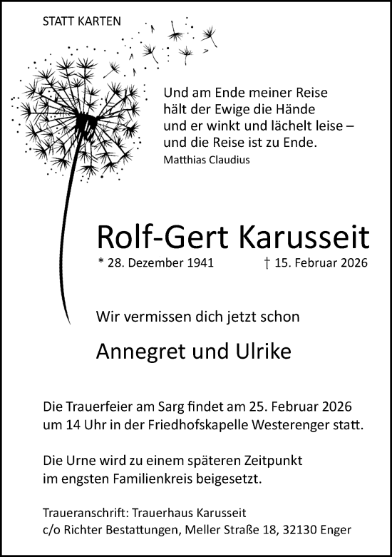 Traueranzeige von Rolf-Gert Karusseit von Neue Westfälische und Westfalen-Blatt