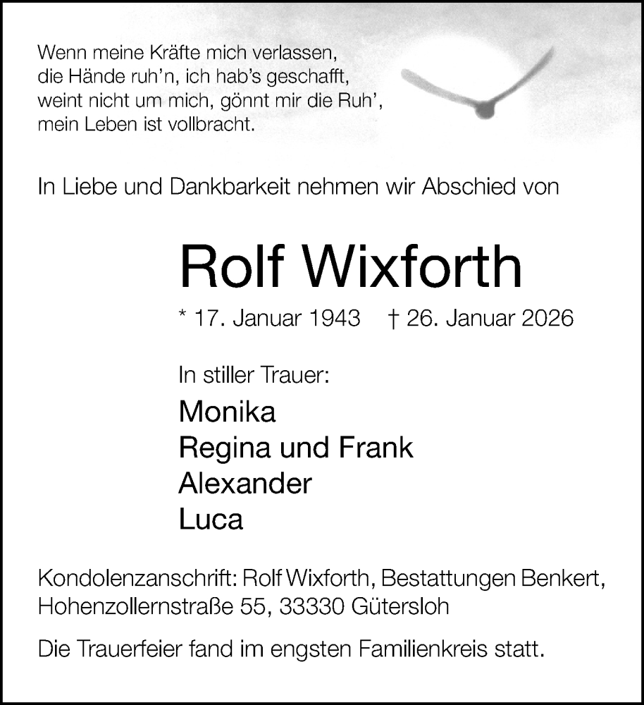  Traueranzeige für Rolf Wixforth vom 07.02.2026 aus Neue Westfälische und Westfalen-Blatt