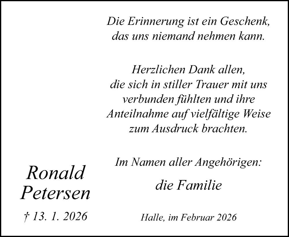  Traueranzeige für Ronald Petersen vom 14.02.2026 aus Neue Westfälische und Westfalen-Blatt