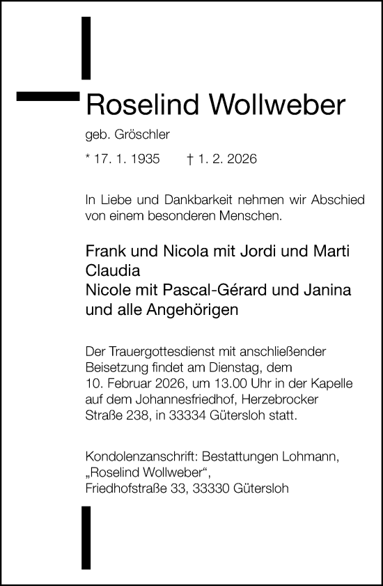 Traueranzeige von Roselind Wollweber von Neue Westfälische und Westfalen-Blatt