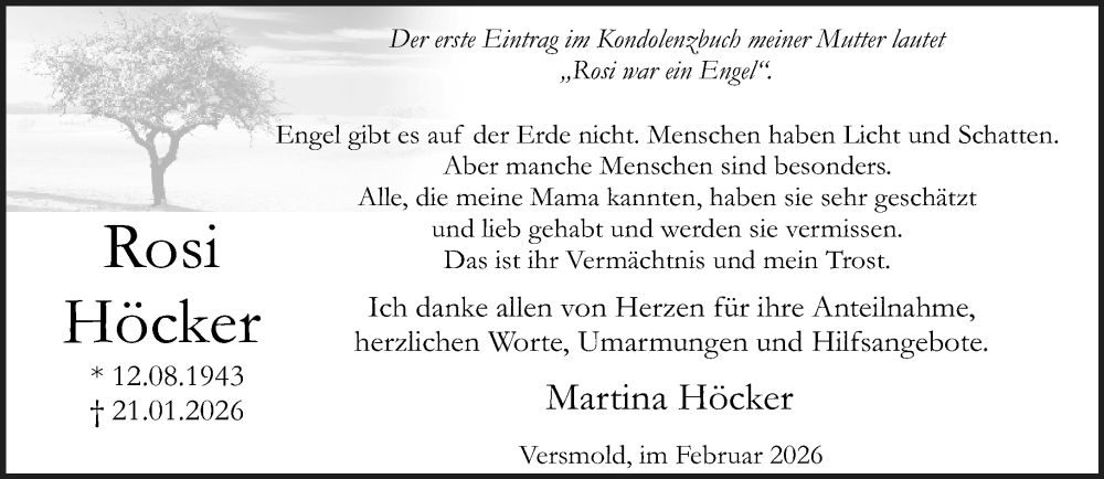  Traueranzeige für Rosi Höcker vom 07.02.2026 aus Neue Westfälische und Westfalen-Blatt
