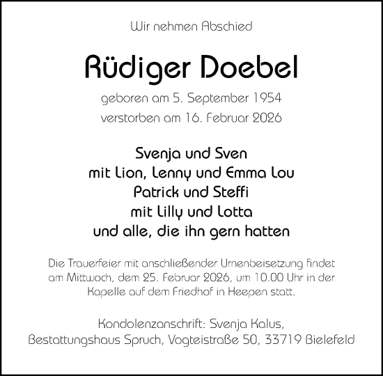 Traueranzeige von Rüdiger Doebel von Neue Westfälische und Westfalen-Blatt
