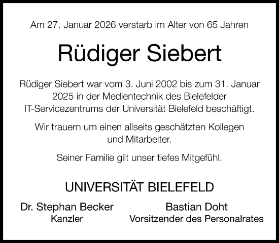 Traueranzeige von Rüdiger Siebert von Neue Westfälische und Westfalen-Blatt