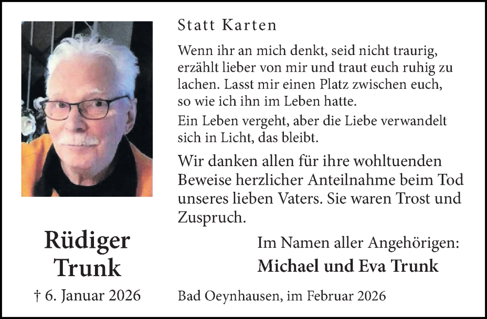  Traueranzeige für Rüdiger Trunk vom 14.02.2026 aus Neue Westfälische und Westfalen-Blatt