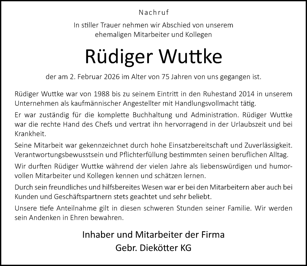 Traueranzeige für Rüdiger Wuttke vom 07.02.2026 aus Neue Westfälische und Westfalen-Blatt