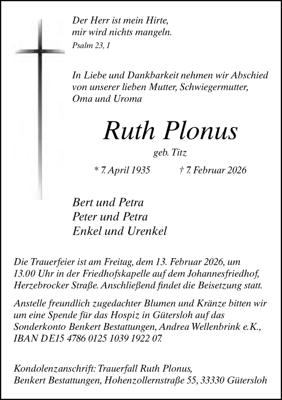 Traueranzeige von Ruth Plonus von Neue Westfälische und Westfalen-Blatt