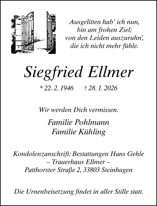 Traueranzeige von Siegfried Ellmer von Neue Westfälische und Westfalen-Blatt
