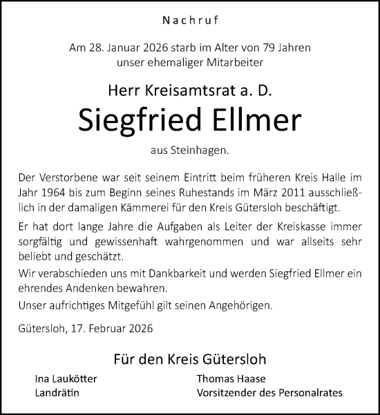 Traueranzeige von Siegfried Ellmer von Neue Westfälische und Westfalen-Blatt