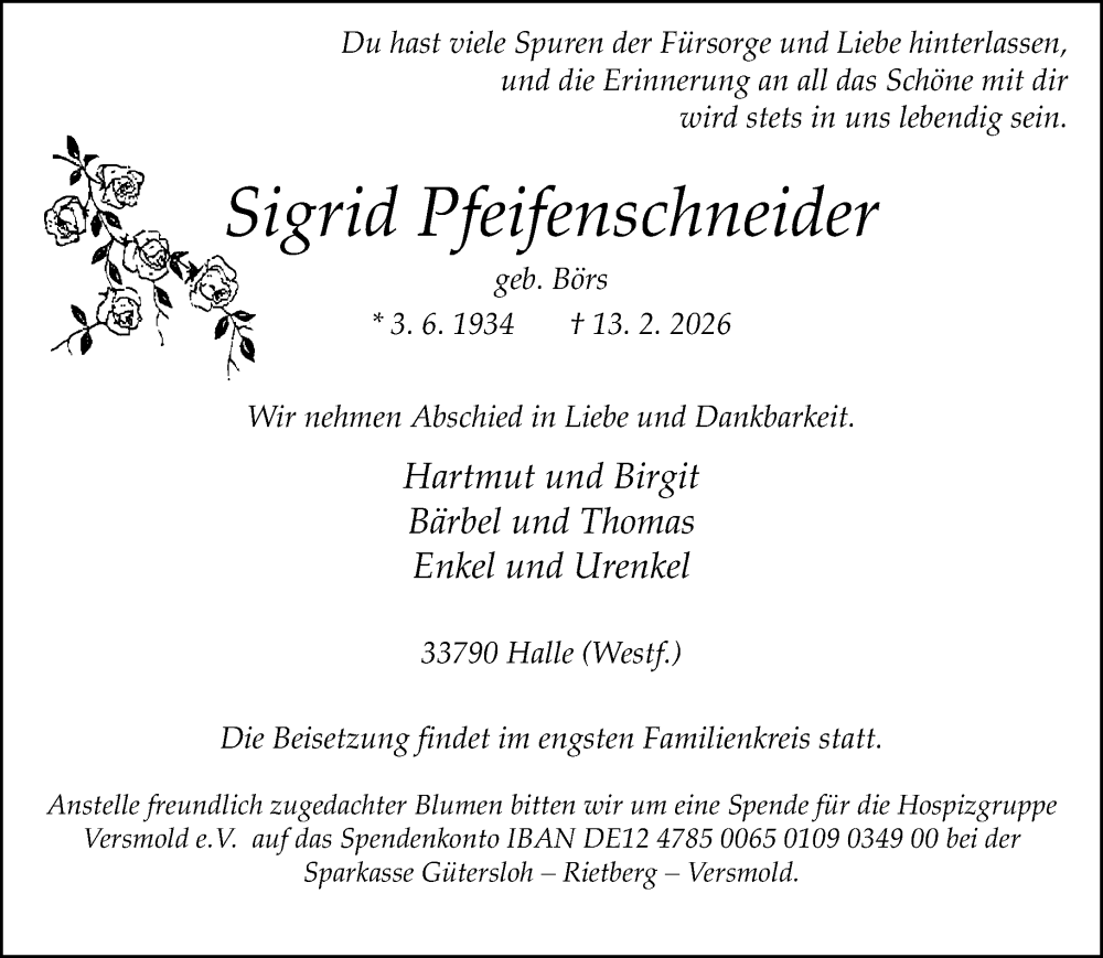  Traueranzeige für Sigrid Pfeifenschneider vom 21.02.2026 aus Neue Westfälische und Westfalen-Blatt