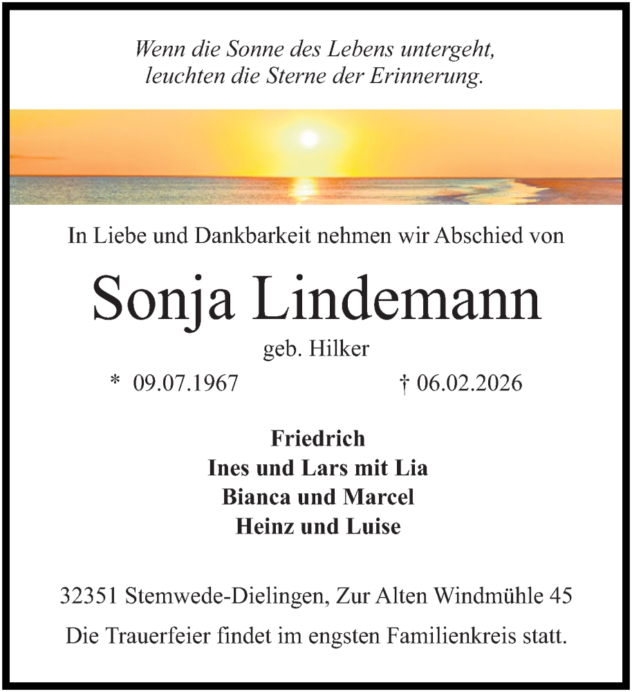  Traueranzeige für Sonja Lindemann vom 11.02.2026 aus Neue Westfälische und Westfalen-Blatt