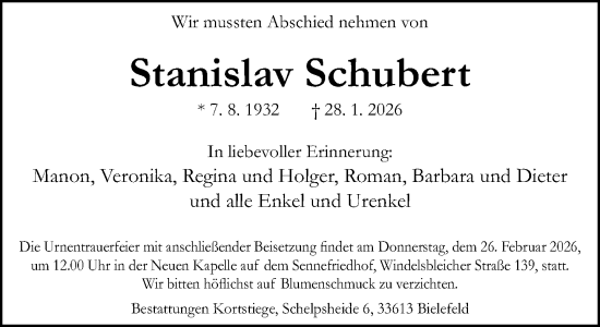 Traueranzeige von Stanislav Schubert von Neue Westfälische und Westfalen-Blatt