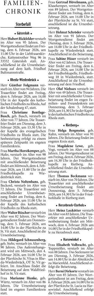 Traueranzeige von Sterbetafel vom 03.02.2026 von Neue Westfälische und Westfalen-Blatt