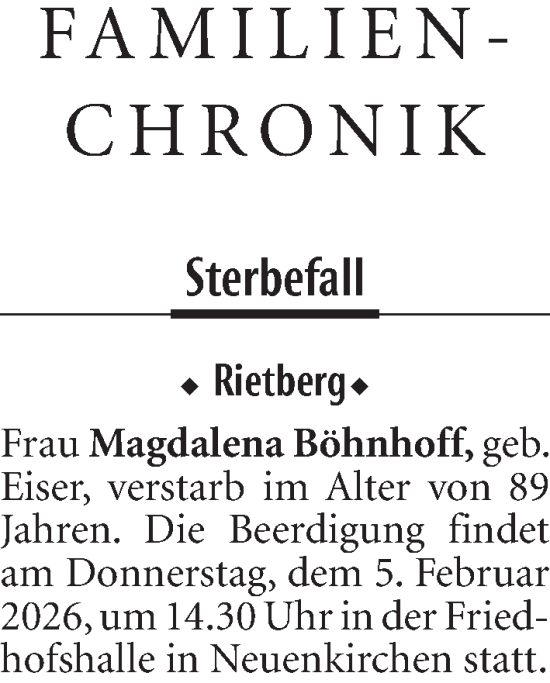 Traueranzeige von Sterbetafel vom 04.02.2026 von Neue Westfälische und Westfalen-Blatt