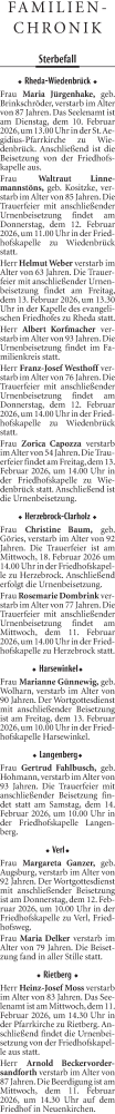 Traueranzeige von Sterbetafel vom 10.02.2026 von Neue Westfälische und Westfalen-Blatt