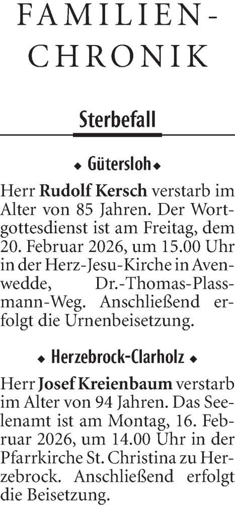 Traueranzeige von Sterbetafel vom 12.02.2026 von Neue Westfälische und Westfalen-Blatt