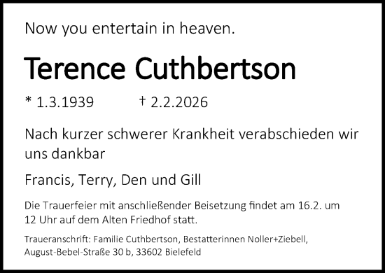 Traueranzeige von Terence Cuthbertson von Neue Westfälische und Westfalen-Blatt