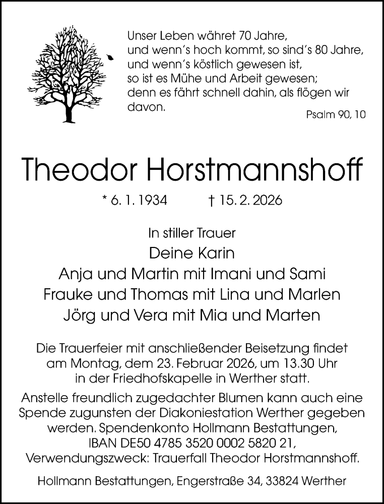  Traueranzeige für Theodor Horstmannshoff vom 21.02.2026 aus Neue Westfälische und Westfalen-Blatt