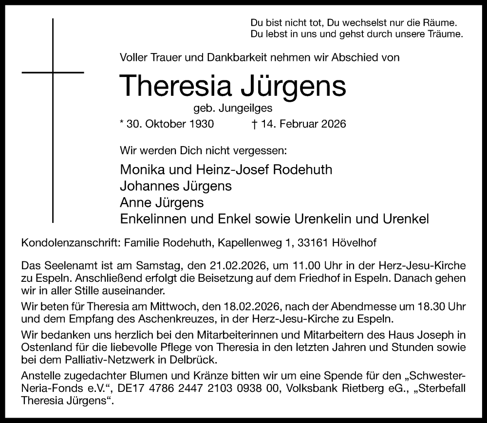  Traueranzeige für Theresia Jürgens vom 18.02.2026 aus Neue Westfälische und Westfalen-Blatt