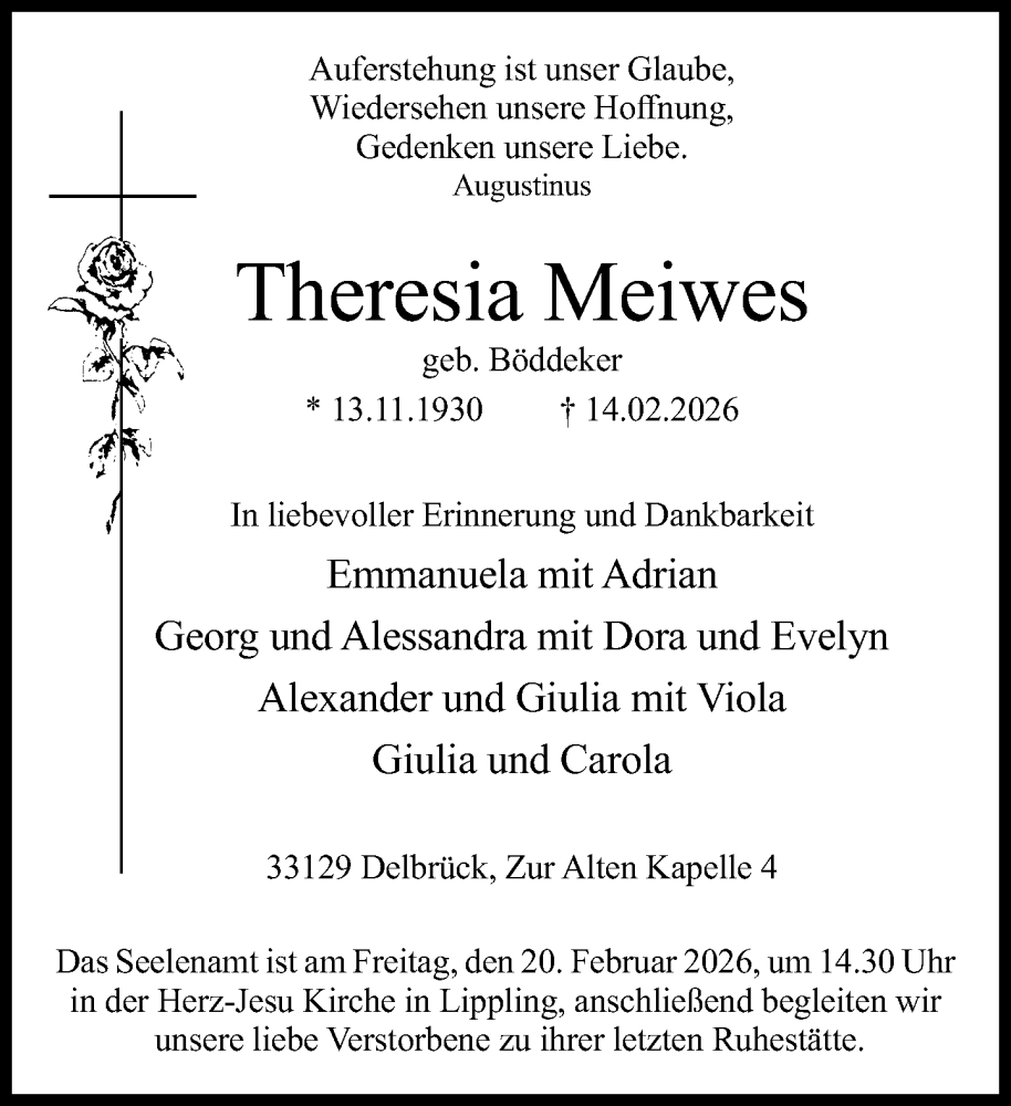  Traueranzeige für Theresia Meiwes vom 18.02.2026 aus Neue Westfälische und Westfalen-Blatt