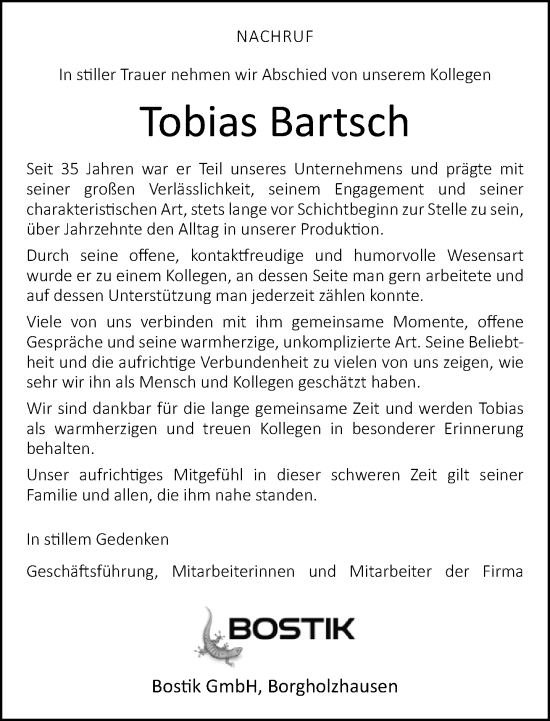 Traueranzeige von Tobias Bartsch von Neue Westfälische und Westfalen-Blatt