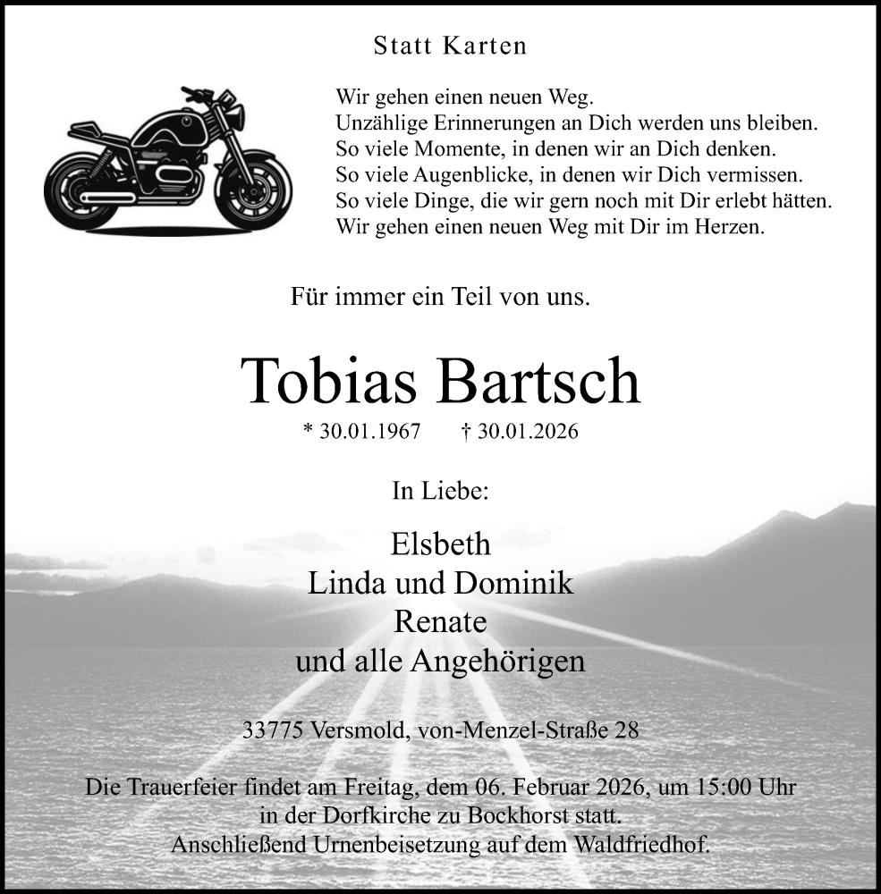  Traueranzeige für Tobias Bartsch vom 03.02.2026 aus Neue Westfälische und Westfalen-Blatt