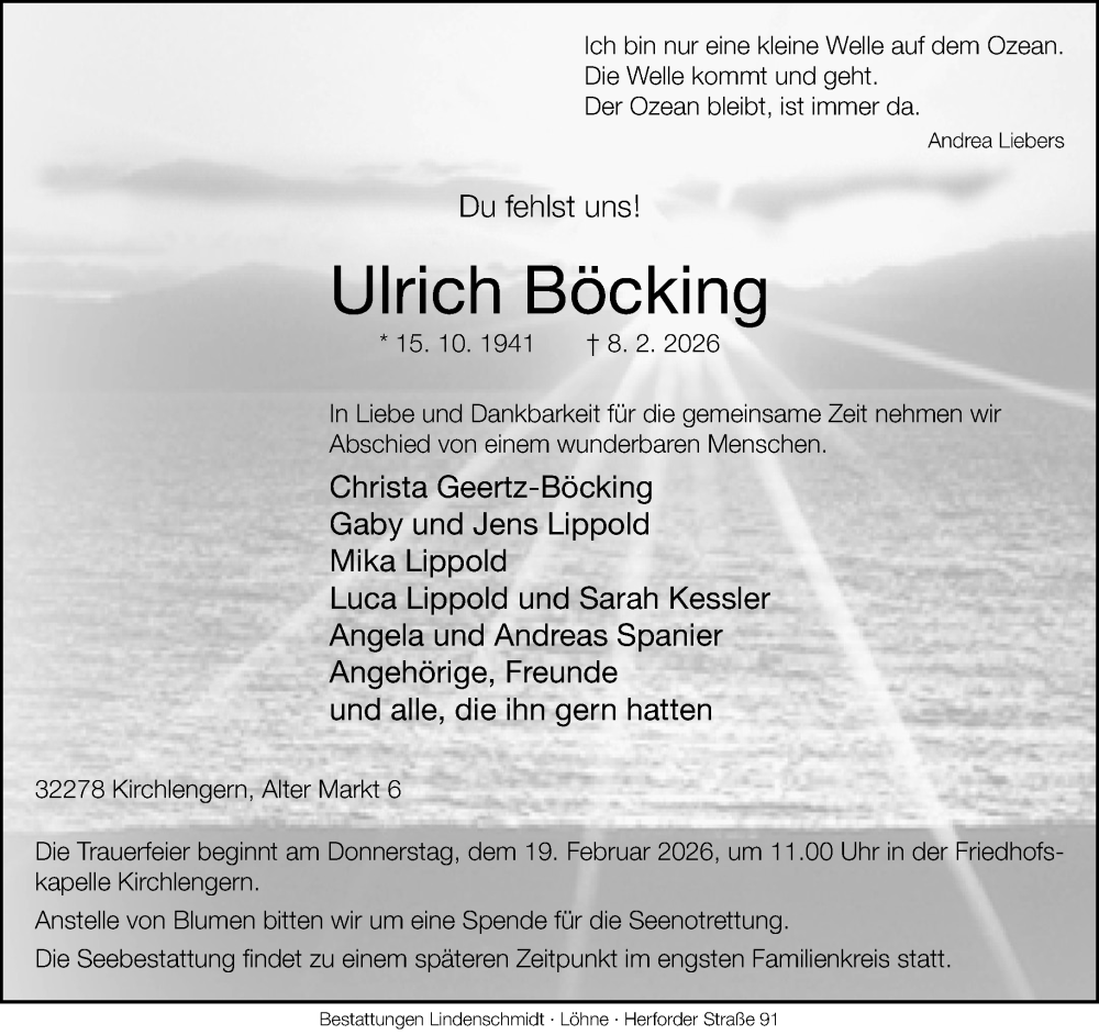  Traueranzeige für Ulrich Böcking vom 14.02.2026 aus Neue Westfälische und Westfalen-Blatt
