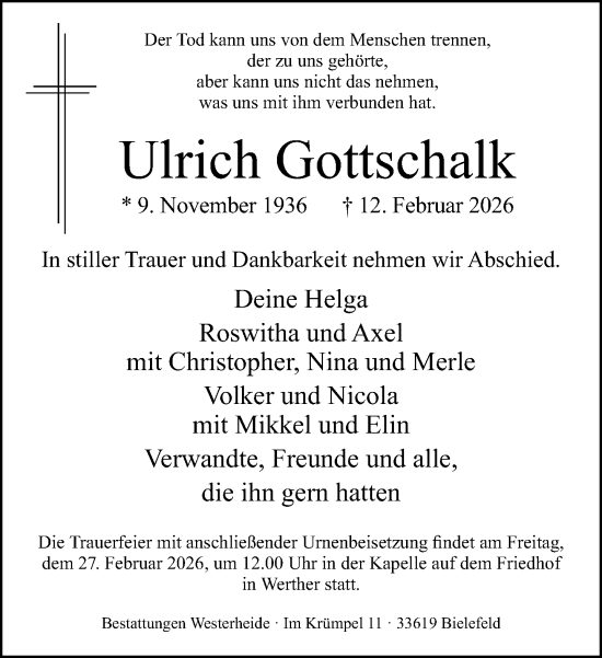 Traueranzeige von Ulrich Gottschalk von Neue Westfälische und Westfalen-Blatt