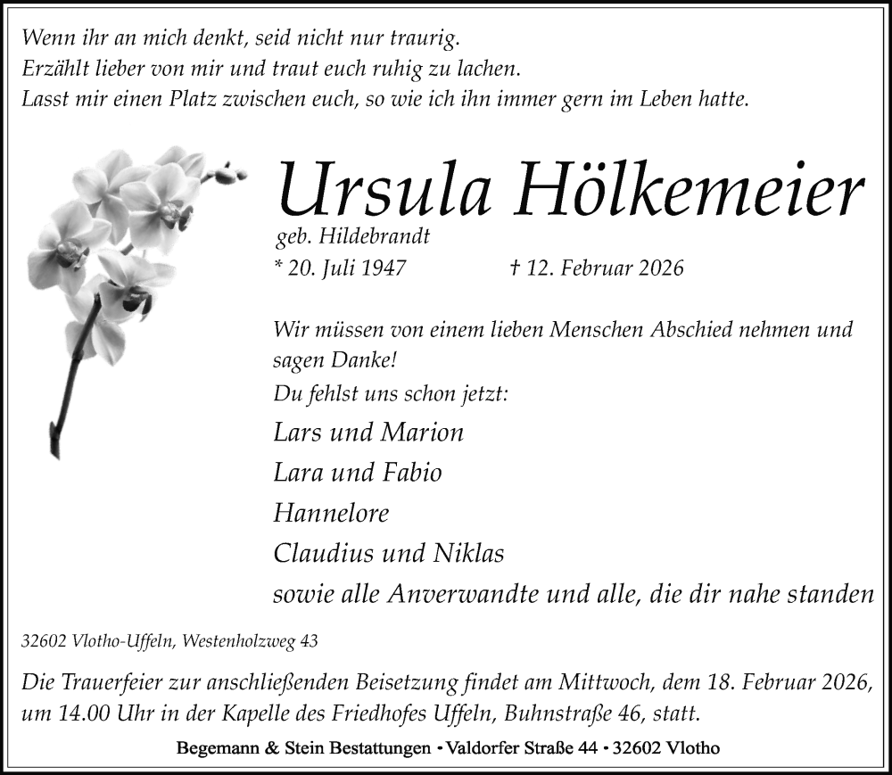  Traueranzeige für Ursula Hölkemeier vom 14.02.2026 aus Neue Westfälische und Westfalen-Blatt