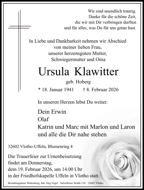 Traueranzeige von Ursula Klawitter von Neue Westfälische