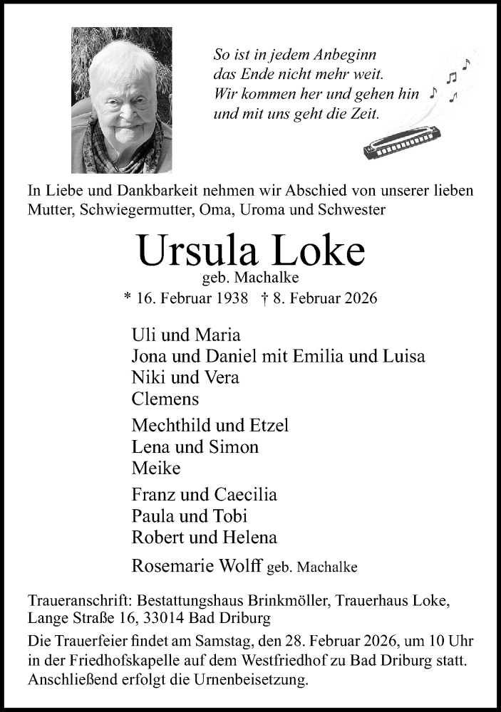  Traueranzeige für Ursula Loke vom 14.02.2026 aus Neue Westfälische und Westfalen-Blatt