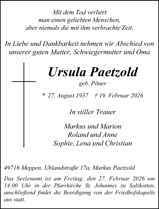 Traueranzeige von Ursula Paetzold von Neue Westfälische und Westfalen-Blatt