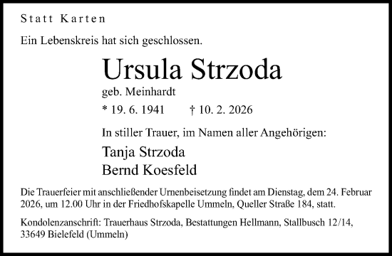 Traueranzeige von Ursula Strzoda von Neue Westfälische und Westfalen-Blatt