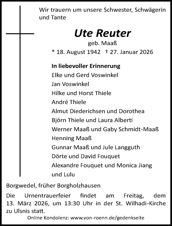 Traueranzeige von Ute Reuter von Neue Westfälische und Westfalen-Blatt