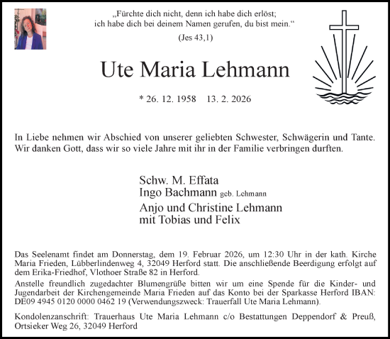 Traueranzeige von Ute Maria Lehmann von Neue Westfälische und Westfalen-Blatt