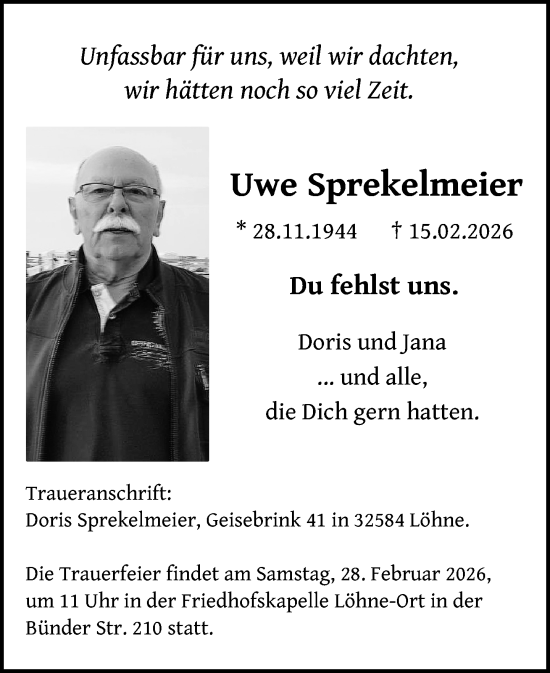 Traueranzeige von Uwe Sprekelmeier von Neue Westfälische und Westfalen-Blatt