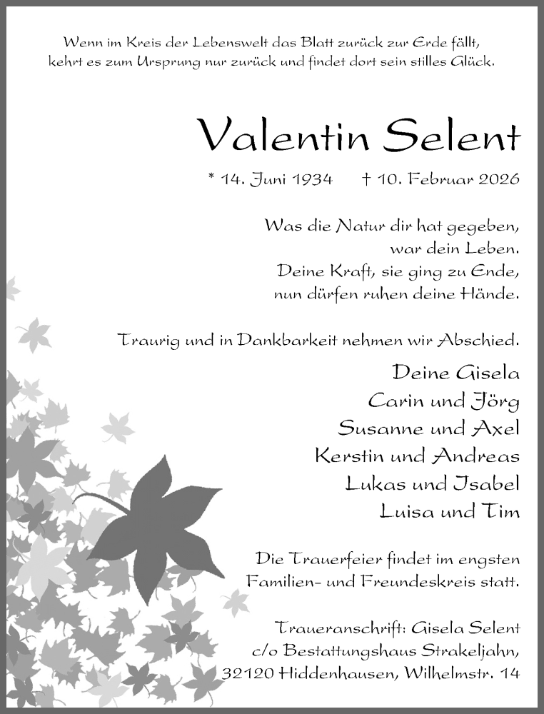  Traueranzeige für Valentin Selent vom 14.02.2026 aus Neue Westfälische und Westfalen-Blatt