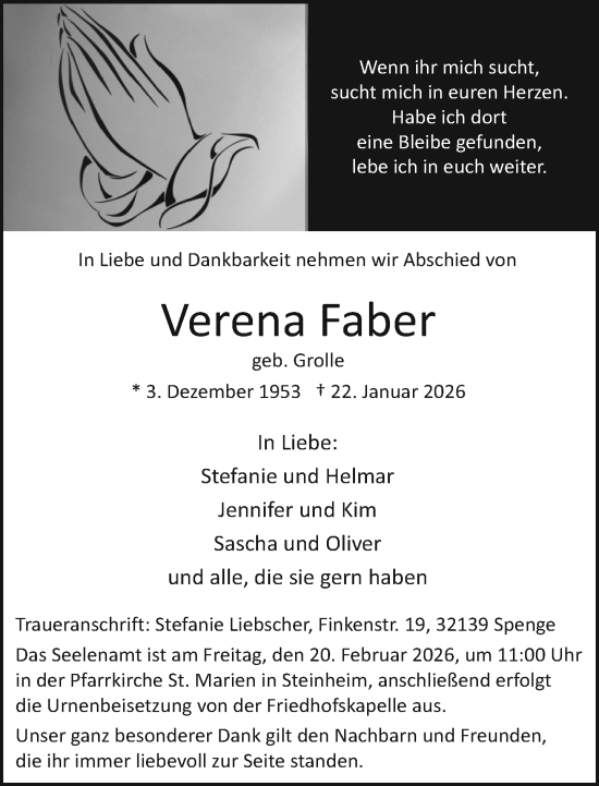 Traueranzeige von Verena Faber von Neue Westfälische und Westfalen-Blatt