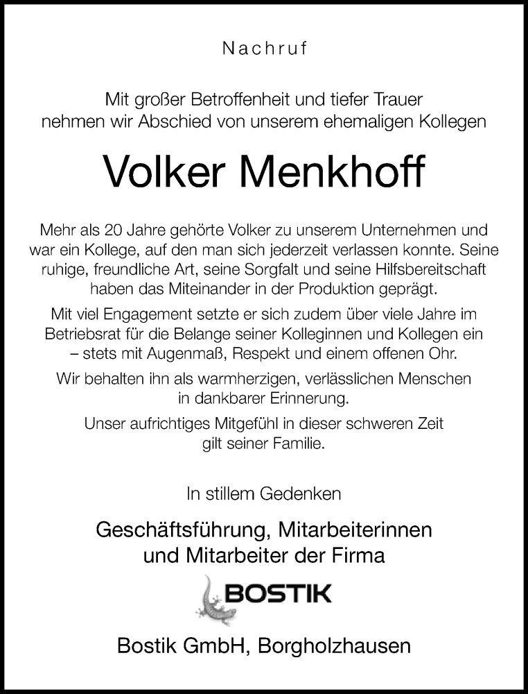  Traueranzeige für Volker Menkhoff vom 04.02.2026 aus Neue Westfälische und Westfalen-Blatt