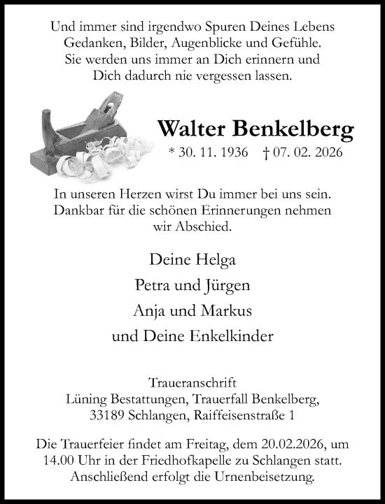 Traueranzeige von Walter Benkelberg von Neue Westfälische und Westfalen-Blatt