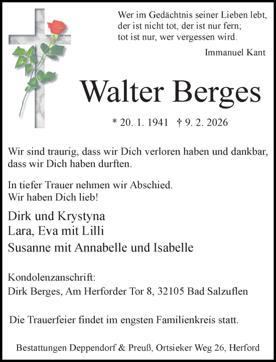 Traueranzeige von Walter Berges von Neue Westfälische und Westfalen-Blatt