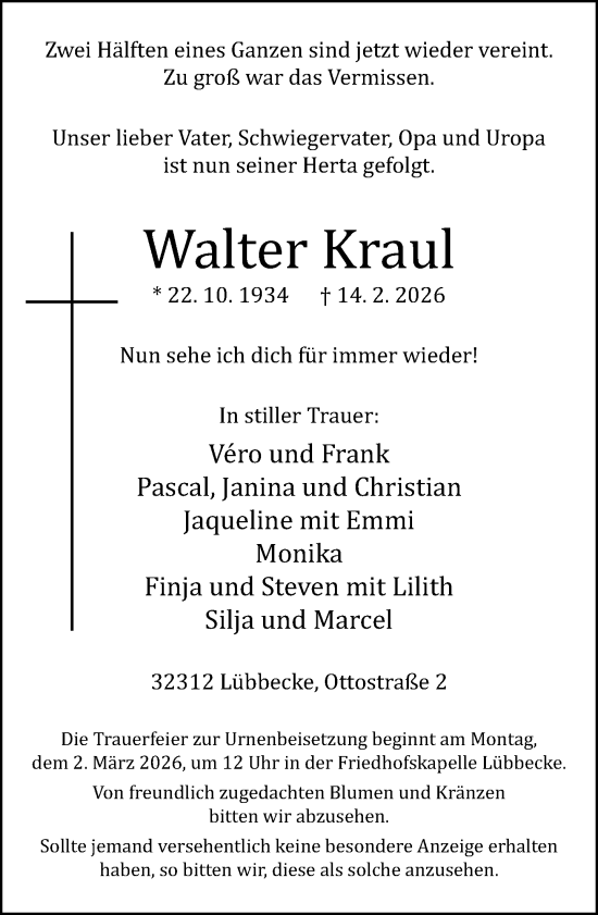 Traueranzeige von Walter Kraul von Neue Westfälische und Westfalen-Blatt